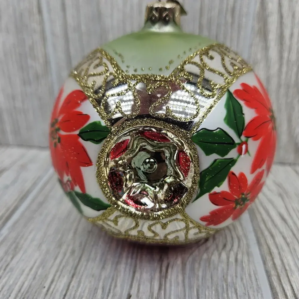 Vintage Hallmark Christmas Ornament Poinsettia Indent Ball Glass Red Gold 4 Inch